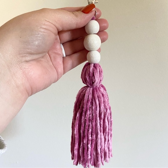 Handmade Boho Pink Velvet Tassel Keychain - Picture 2 of 2